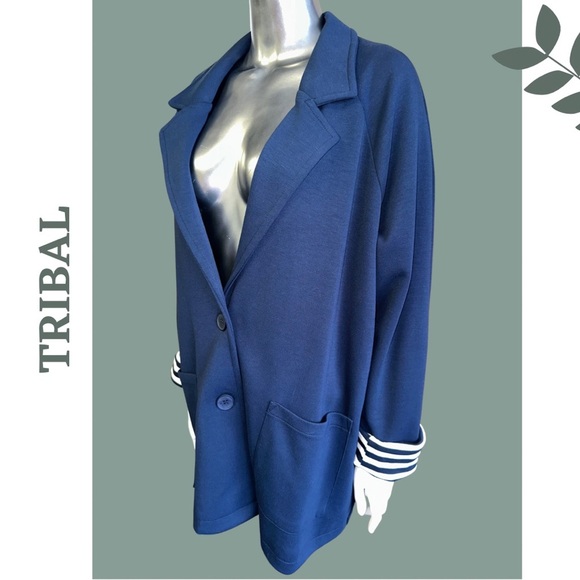 Tribal Navy  Knit Single Breasted Blazer Contrast Stripe Lining White Size XL - Picture 4 of 8